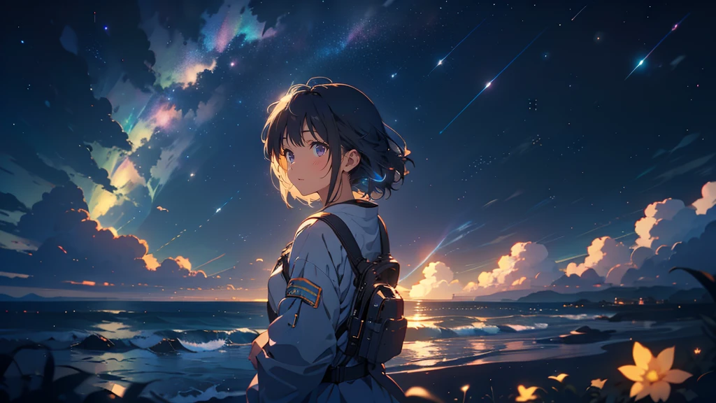 Starry Sky, A girl thinking about space, fluffy, Realistic, Airglow refraction, Nikon D850 film stock photos、Photo by Lee Jeffries ,Beautiful anime scenery