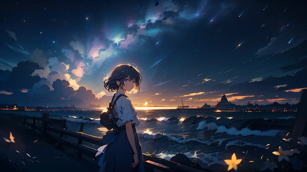 Starry Sky, A girl thinking about space, fluffy, Realistic, Airglow refraction, Nikon D850 film stock photos、Photo by Lee Jeffries ,Beautiful anime scenery