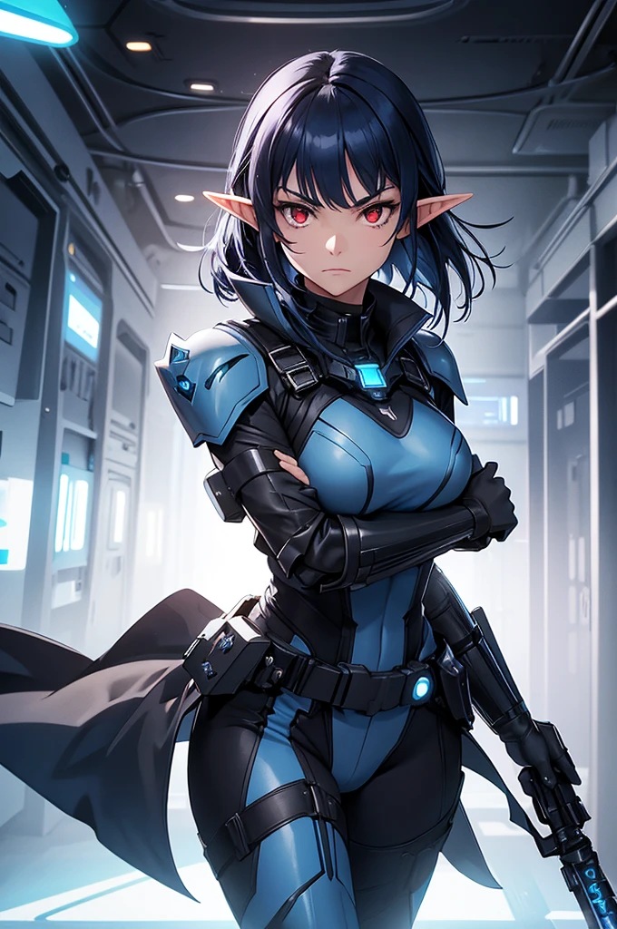 Create a high-quality image featuring an elf girl with dark navy-blue hair, straight bangs, long sideburns, and short hair at the back. She has red eyes and is a member of a police special forces unit, wearing black body armor. She is in an aggressive pose with an intense, determined expression, holding a blue glowing lightsaber. The background depicts a futuristic city inside a dome, with a black armored vehicle next to her. Emphasize her elf-like features, such as pointed ears and delicate facial structure.
