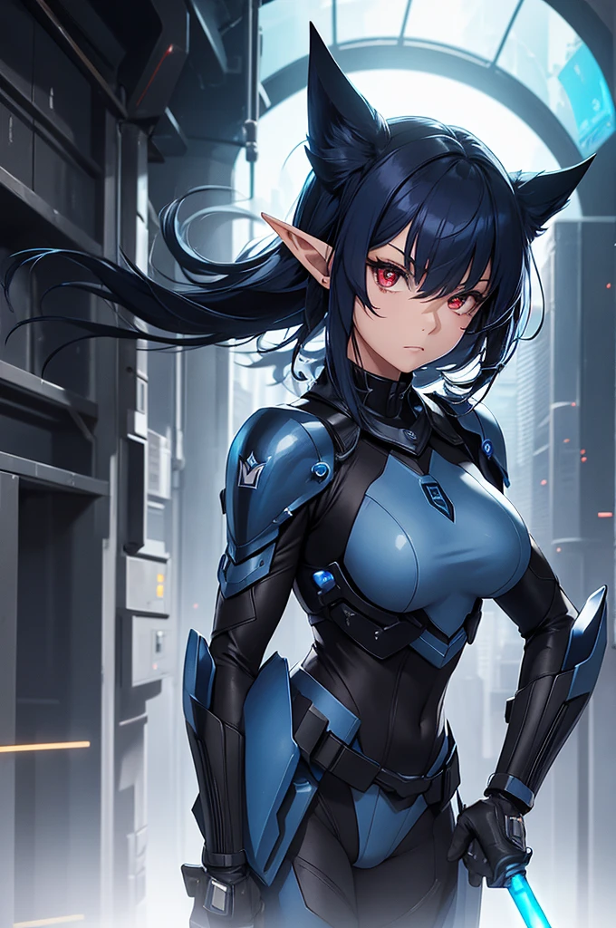 Create a high-quality image featuring an elf girl with dark navy-blue hair, straight bangs, long sideburns, and short hair at the back. She has red eyes and is a member of a police special forces unit, wearing black body armor. She is in an aggressive pose with an intense, determined expression, holding a blue glowing lightsaber. The background depicts a futuristic city inside a dome, with a black armored vehicle next to her. Emphasize her elf-like features, such as pointed ears and delicate facial structure.