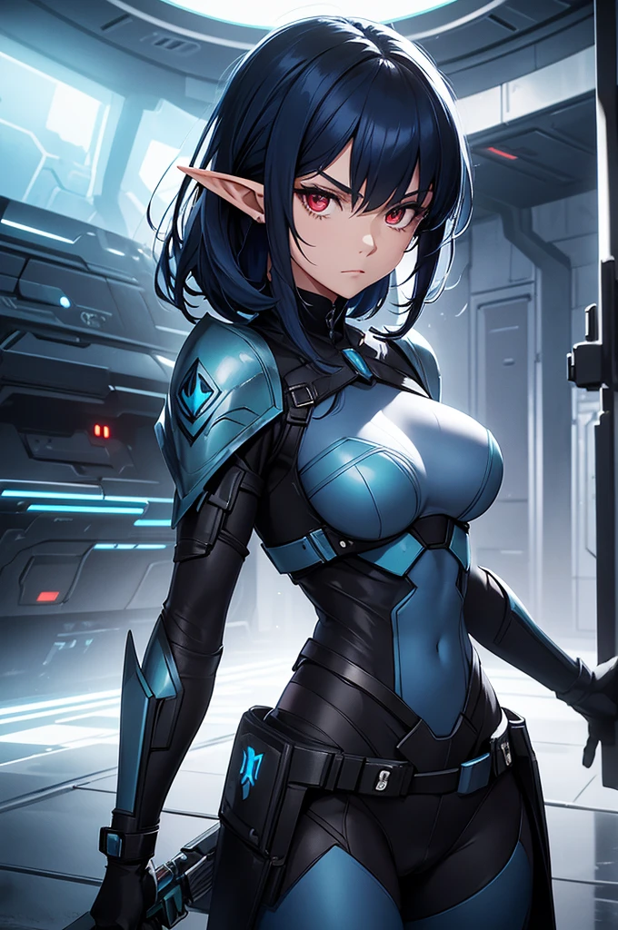 Create a high-quality image featuring an elf girl with dark navy-blue hair, straight bangs, long sideburns, and short hair at the back. She has red eyes and is a member of a police special forces unit, wearing black body armor. She is in an aggressive pose with an intense, determined expression, holding a blue glowing lightsaber. The background depicts a futuristic city inside a dome, with a black armored vehicle next to her. Emphasize her elf-like features, such as pointed ears and delicate facial structure.