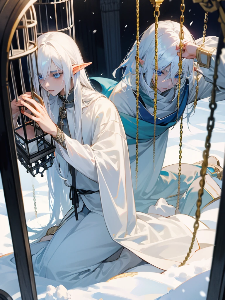 A male elf, thin masculine figure, long snow-white hair, light blue eyes, fair skin, helpless eyes, shy, slave, Locked in a cage, chained.