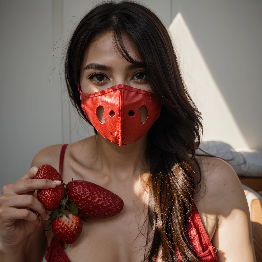 Eat strawberry, and my face with a mask