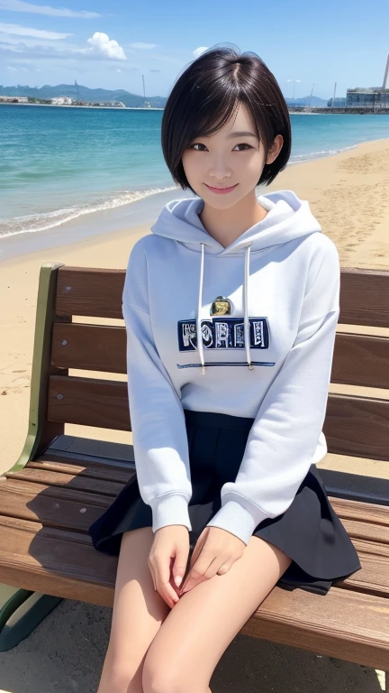 (masterpiece:1.3), (8K, Photorealistic, RAW Photos, Best image quality: 1.4),20 year old cute Japan woman、((Short Hair:1.3))、(Perfect body)、(Perfect proportions)、Super detailed face、Sharp focus:1.2、Jet Black Hair、Straight Hair、Highest quality、masterpiece、Ultra-high resolution、(Photorealistic:1.4)、(hoodie)、(Flared mini skirt)、whole body, Long legs、Highly detailed face, Beautiful Eyes, Big Eyes、double eyelid、sunny、Bend over and peer at me、smile、Sitting on a beach bench、Looking up、Outdoor、blue sky、Point here
