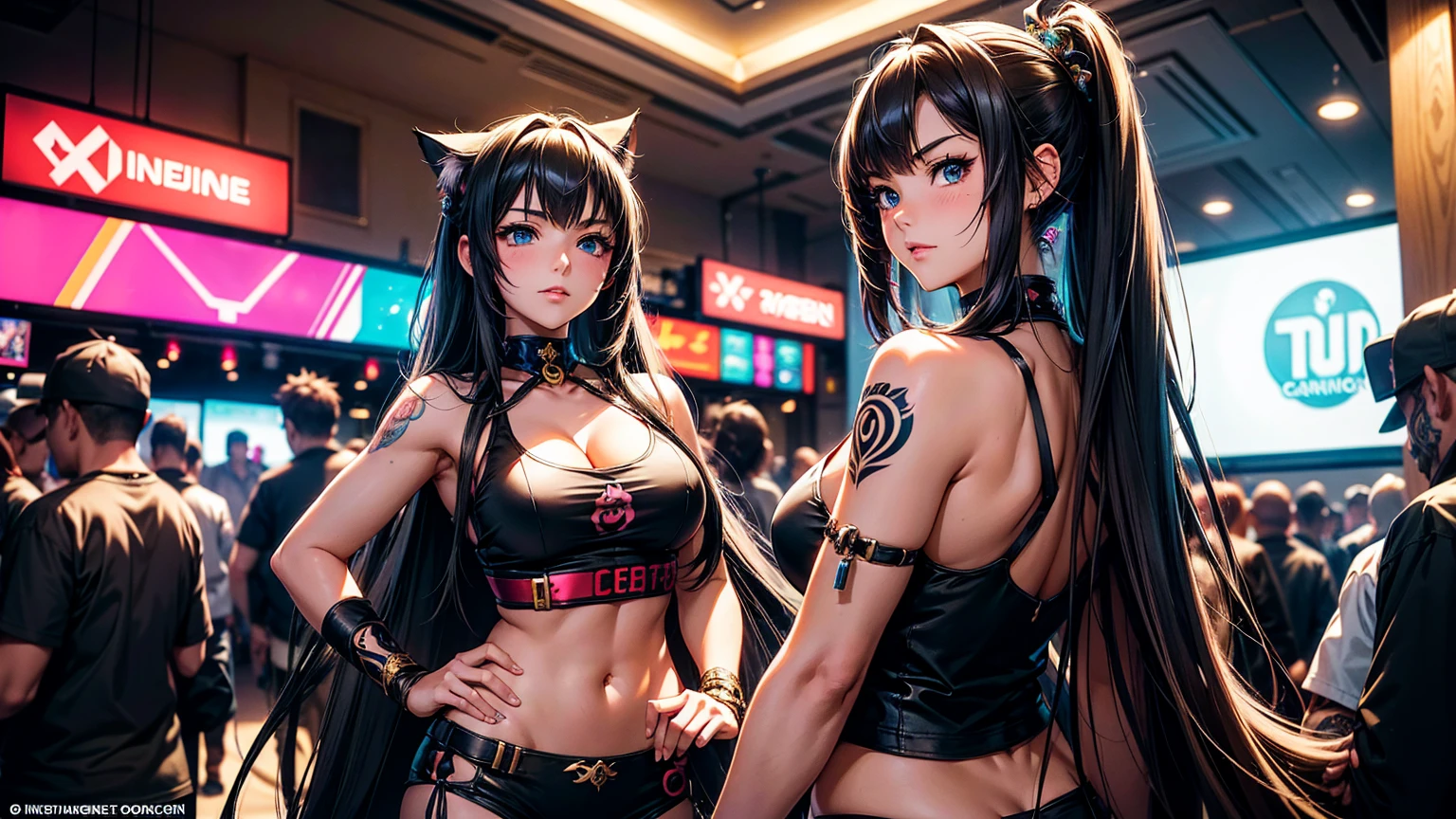 Create a high-quality, detailed image of a beautiful anime cat gamer girl with long hair, striking eyes, and intricate tattoos. She is standing at an anime convention, dressed in an elaborate gaming-themed cosplay. Her outfit consists of a tank top and sleep shorts that reveal her midriff and highlight her stunning curves, with gaming accessories incorporated into her attire. The convention scene is lively and vibrant, with colorful booths and enthusiastic attendees in the background. Soft ambient lighting enhances the atmosphere, and the setting includes gaming setups and themed decorations. The overall ambiance should capture the excitement and energy of an anime convention, showcasing the girl as a captivating centerpiece in her high-quality cosplay.