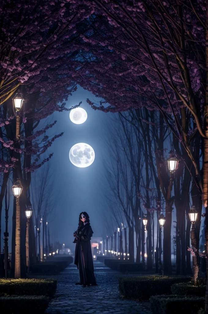 Poupée demoniaque, arbres morts, fleurs mauve et or, ambiance glauque, lune électrique. Dark academia style university in the middle, big, luxurious, modern, morning