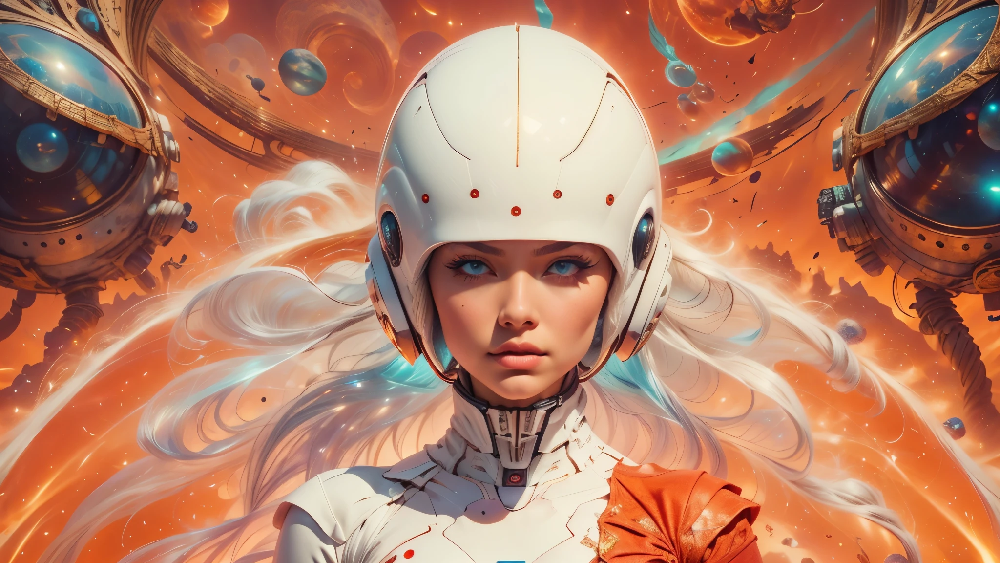 arafed image of a white woman in a futuristic suit with a spaceship in the background, movie art, in front of an orange background, inspired by Robert McGinnis, female protagonist, megastructure in the background, portrait of an ai astronaut, astronauts, an astronaut, portrait of a astronaut skeletor, perfect android girl, Highly Detailed Face and Skin Texture, Detailed Eyes, Double eyelids, perfectly detailed teeth, frank franzzeta and sakimichan  