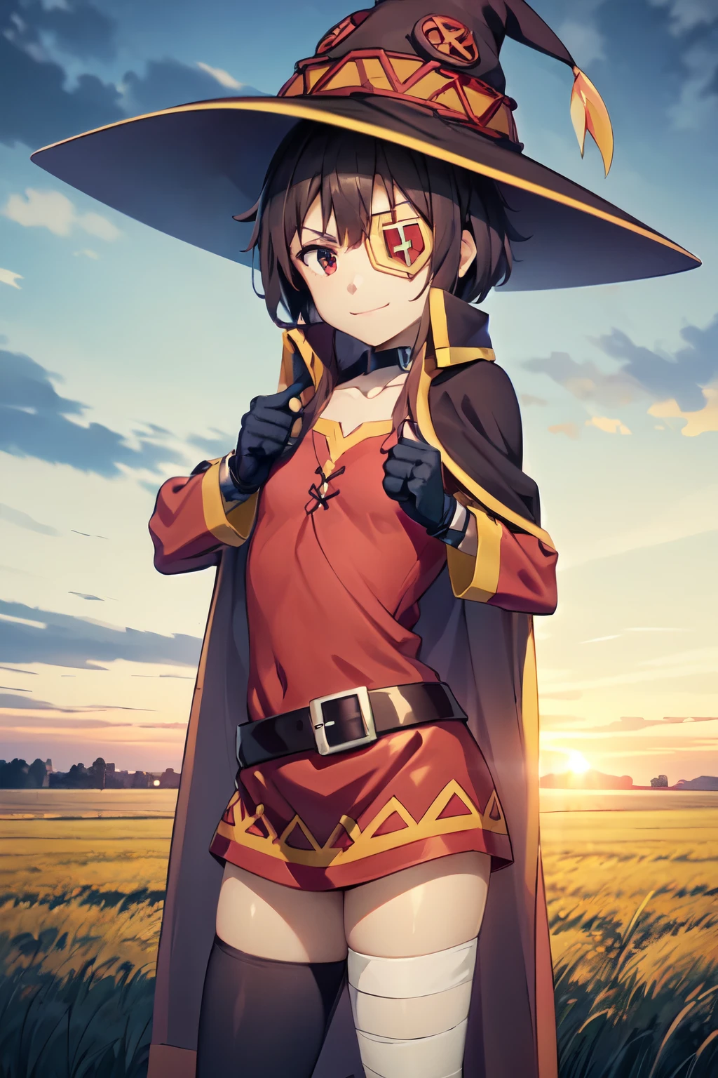 1girl,red eyes,short hair,brown hair,choker,collarbone,eyepatch,short hair with long locks,sidelocks,good hand,small breasts,smile,smug,witch hat,black cape,black thighhighs,bandages,red dress,black gloves,single thighhigh,belt,orange boots,asymmetrical legwear,bandaged leg,long sleeves,fingerless gloves, thumb up, one hand on hip,form side,low view,(masterpiece:1,2), best quality, masterpiece, highres, original, extremely detailed wallpaper, perfect lighting,(extremely detailed CG:1.2), grass field, beautiful sunset, beautiful cloudy sky, strong wind, bird on the sky