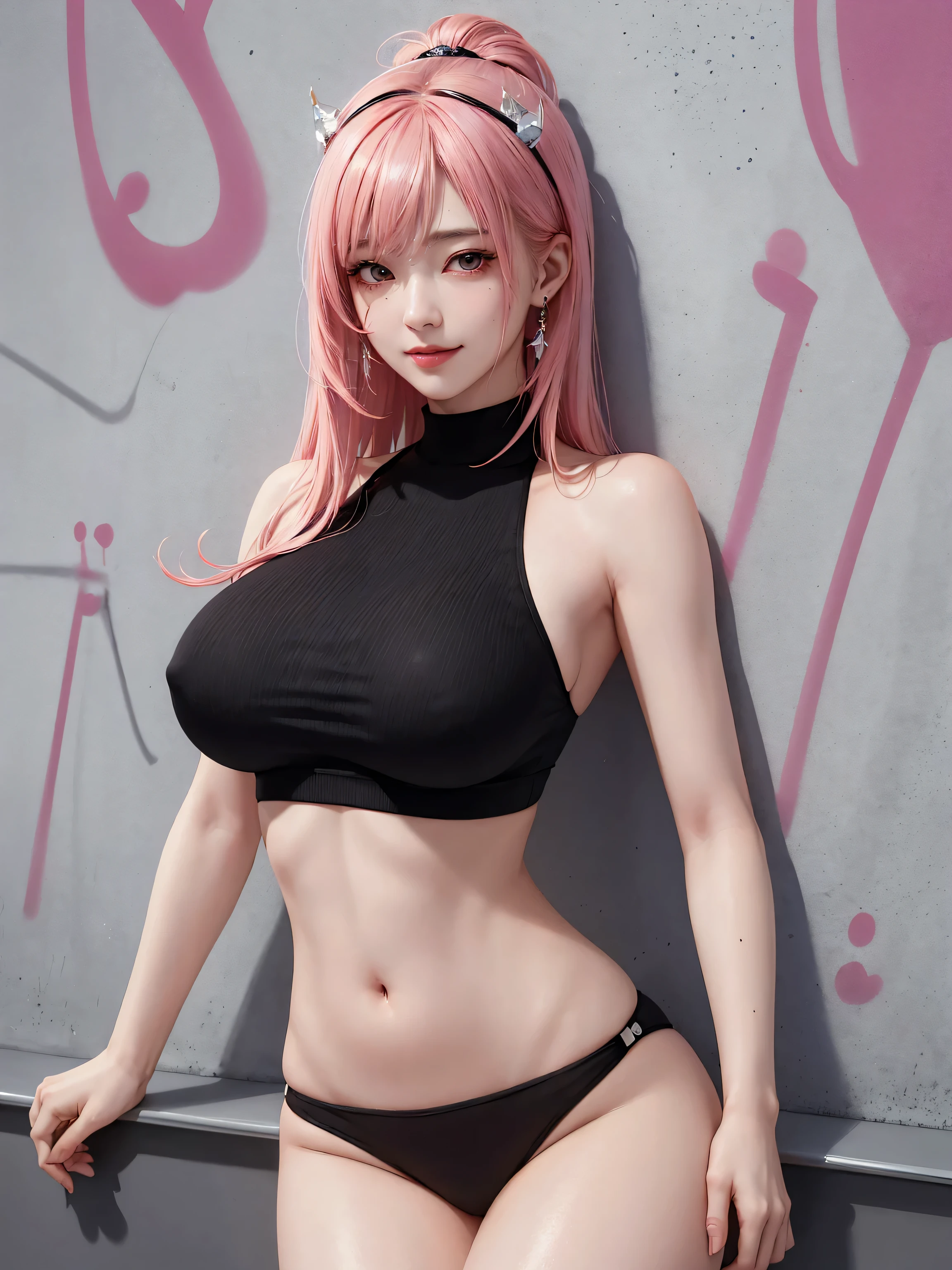 (Masterpiece, best quality, 1 girl, alone, complicated details, Chromatic aberration), realistic, ((Moderate breath)),long hair, pink hair, Red headpiece, Pink Highlights, hair on one eye,purple eyes, earring, sharp eyes, choker, Neon coat, She wears a collar, bangle, and kimono style garters., crop top, (symmetrical eyes),(Perfect symmetrical body),against the wall, Brick wall, (colorful graffiti words on the wall:1.2), The light is dim., alley ,Look at the viewer.、Dig the chest、smile、(sleeveless、Navel touch、Fitted turtleneck.)、street string hot pants、Thin bottom、Please build above the eaves..、Thin shoulders、 (((By the pool)))、20-year-old gravure model、Perfect body、1 Girl、alone、Photographed from diagonally above、Micro Mini Ultra High Leg 、masterpiece、Highest quality、Realistic、Hyper Detail、(Shiny skin)、Absurd、Looking into the camera、black eye:1.8、thin、Dynamic Lighting、High resolution、Sharp focus、Written boundary depth、Beautiful Eyes、Beautiful big eyes、black eyes、(Big Breasts :1.4, Saggy breasts:1.5)、(thin thighs:1.2)、、Troubled eyebrows、(blush)、Twin tail hair, smile,​masterpiece、8K、32K、top-quality、(A detailed eye)、(A cute Japanese woman、bangss)、23years old、1 girl in、elegent、(Detailed background depiction、portlate:1.2)、a white bikini