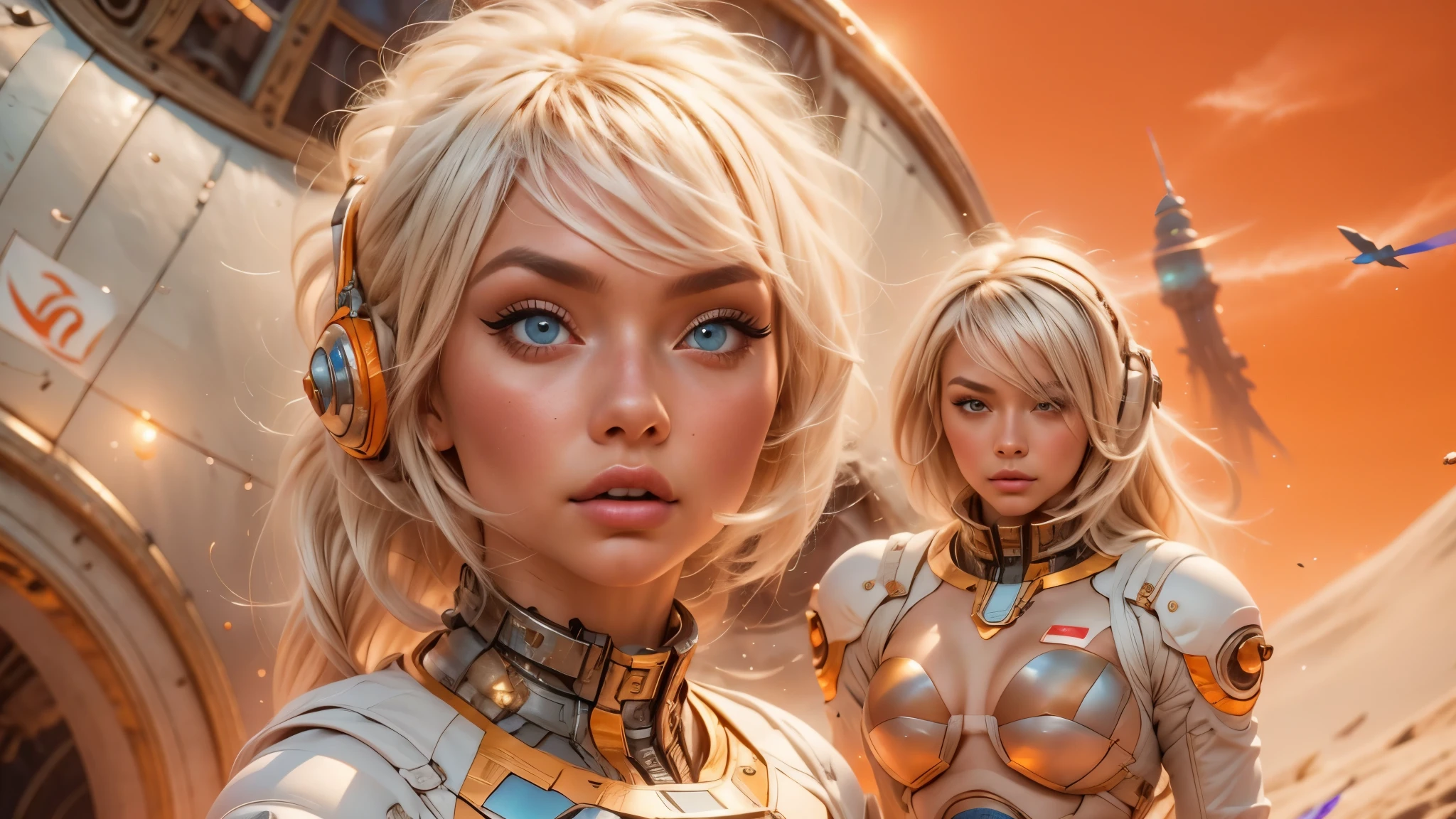 arafed image of a white woman in a futuristic suit with a spaceship in the background, movie art, in front of an orange background, inspired by Robert McGinnis, female protagonist, megastructure in the background, portrait of an ai astronaut, astronauts, an astronaut, portrait of a astronaut skeletor, perfect android girl, Highly Detailed Face and Skin Texture, Detailed Eyes, Double eyelids, perfectly detailed teeth, frank franzzeta and sakimichan  