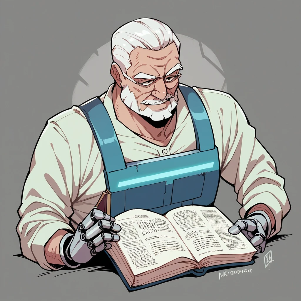 Create a high-resolution, hyperrealistic image of an elderly man with a white beard reading an open book. The man should be depicted in the foreground, with half of his body designed as a futuristic robot, incorporating robotic elements like metallic joints and circuitry. The book should be detailed and open, with glowing holographic text and images. The background should be subtly blurred to keep the focus on the man and the book. Use dramatic lighting to highlight the contrast between the human and robotic elements, and include soft glows on the holographic book."