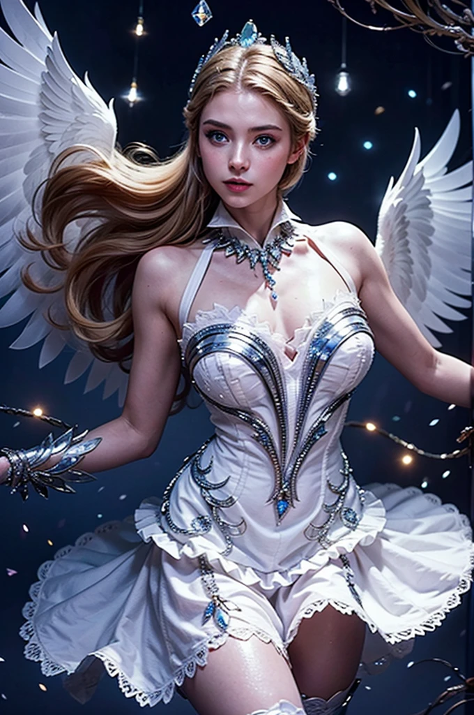 a beautiful young woman, Odette from Mobile Legends, elegant ballet dancer, long flowing white dress, graceful poses, enchanting blue eyes, delicate facial features, flowing silver hair, serene expression, glowing crystalline wings, ethereal and magical atmosphere, intricate fantasy background, shimmering lights, soft pastel colors, cinematic lighting, highly detailed, photorealistic, 8k, masterpiece