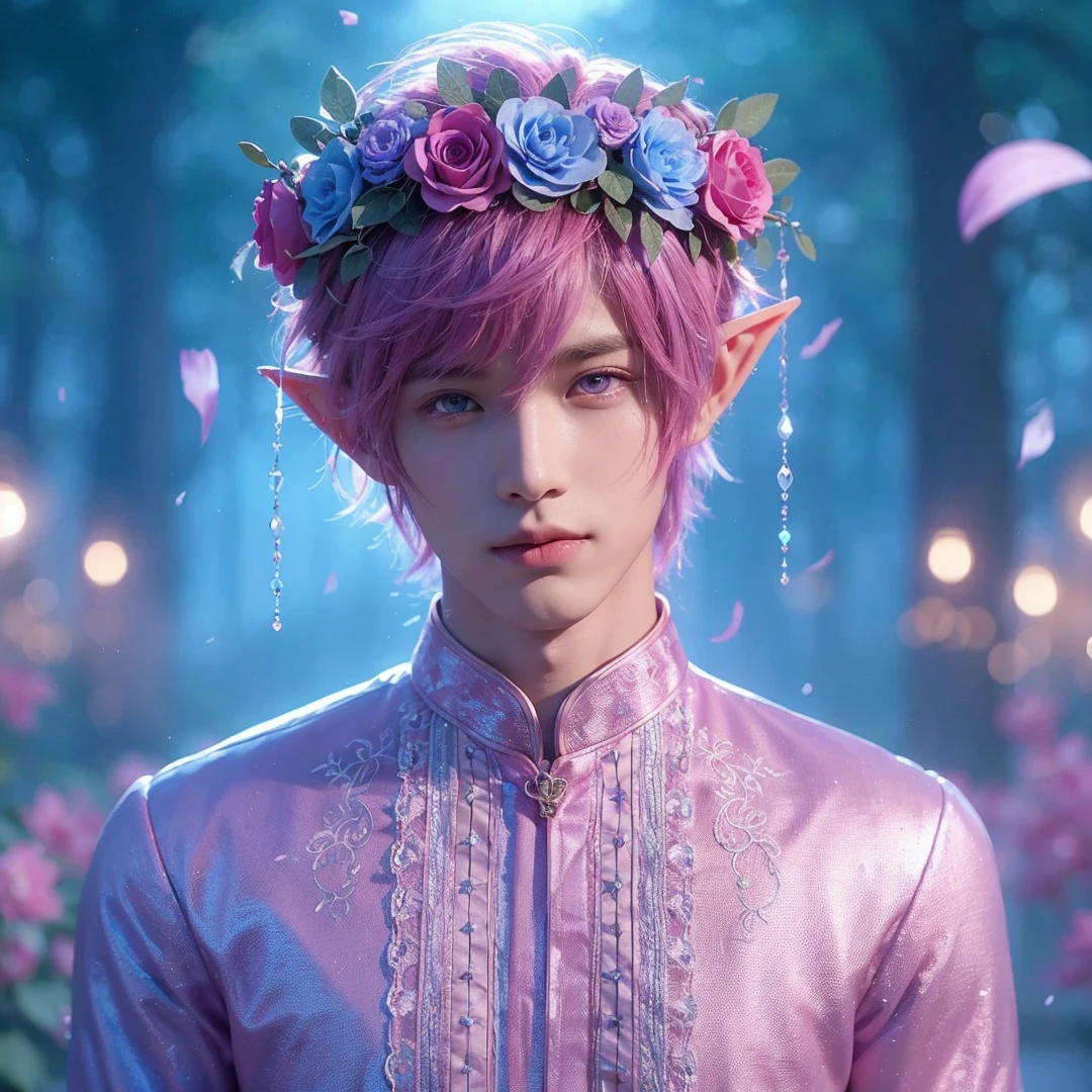 handsome male teen, pink hair, pink eyes, wearing purple and light blue flower crown, wearing pink barong tagalog, elf ear, "surrounded by light blue, pink, and purple light, magic forest background
