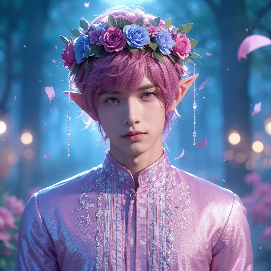 handsome male , pink hair, pink eyes, wearing purple and light blue flower crown, wearing pink barong tagalog, elf ear, "surrounded by light blue, pink, and purple light, magic forest background