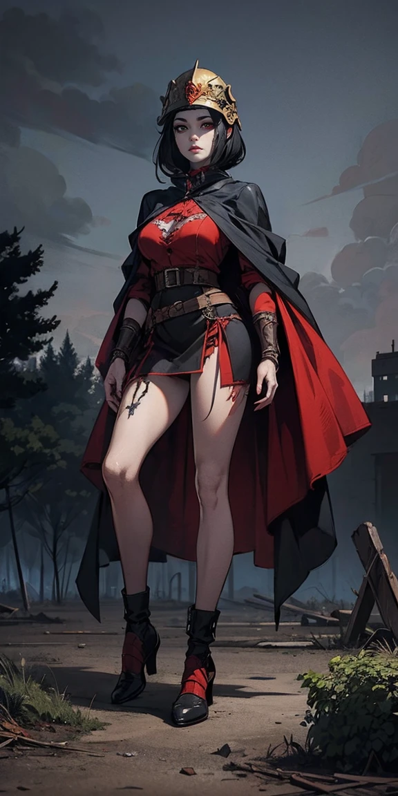 chthonic art, Terror atmosphere, work of art, (monster girl), (pale skin), (spider legs on head), Crystal clear red eyes, long straight black hair collected, golden helmet with red inserts, Black and gray cloth armor with red accents, short cloak, chronically abandoned world, gigantic chthonic abandoned medieval buildings, grey sky, cloudy sky, rare trees, gray desert, Terror atmosphere, (presence of something terrible), highly detailed background, Perfect Anatomia