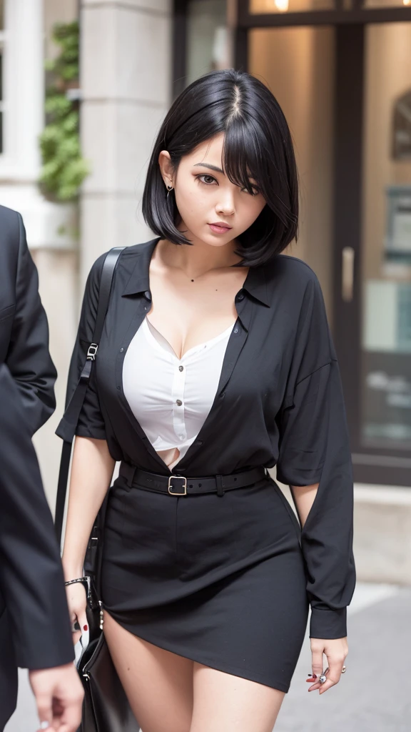 A woman with black hair and a black blouse is walking by