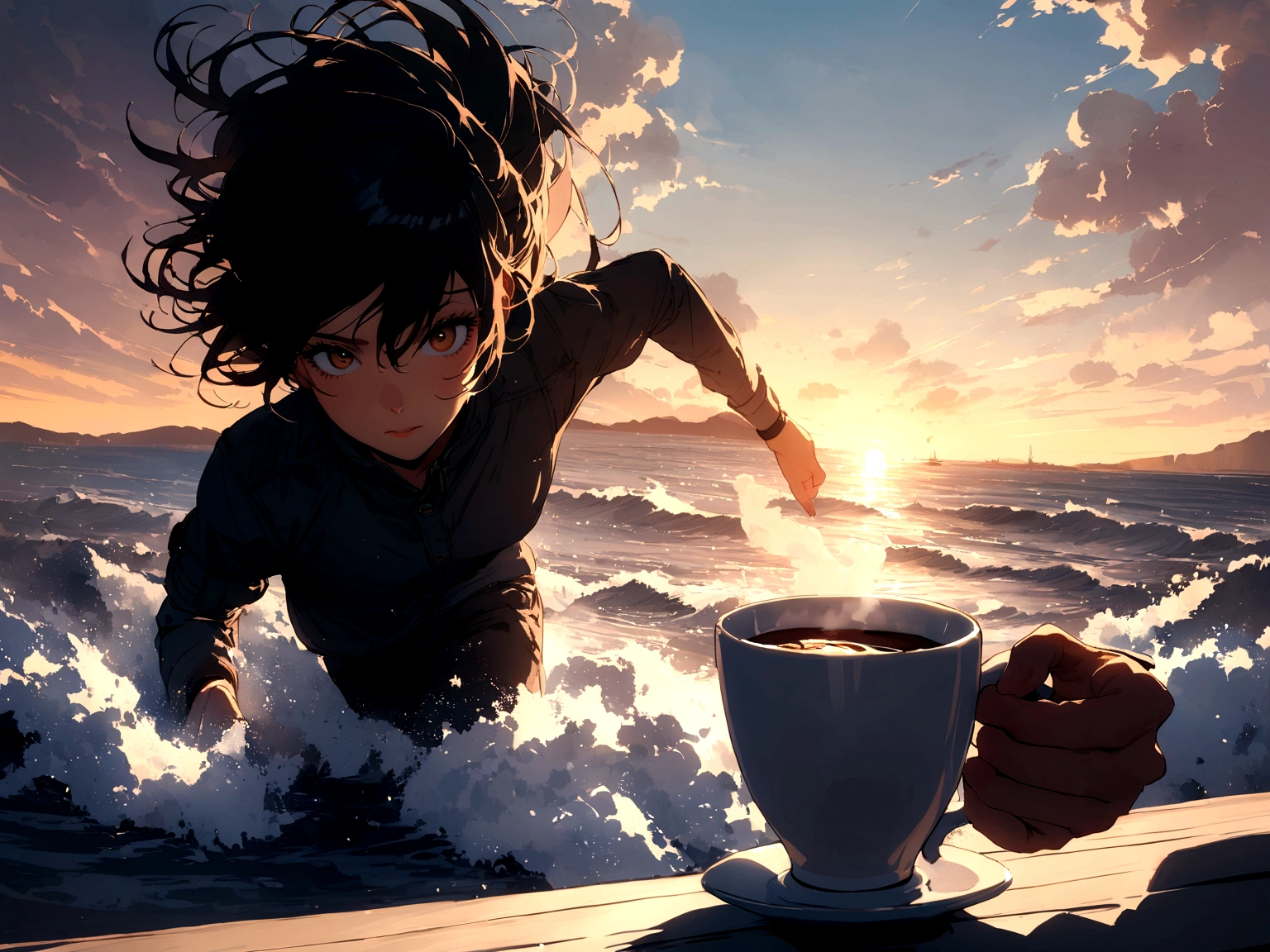 a person running towards the horizon and in the viewer's view a cup of coffee