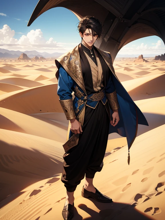 (absurdres, highres, ultra detailed), 1 male, adult, handsome, tall muscular guy, broad shoulders, finely detailed eyes and detailed face, desert, full body, middle eastern clothes, short black hair, brown eyes, focused on scenery, a guy starting journey