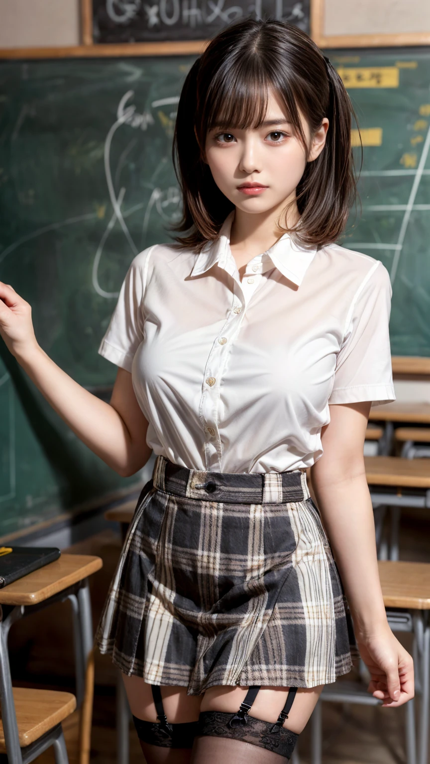masterpiece, best quality, illustration, Super detailed, fine details, High resolution, 8K,wall paper, perfect dynamic composition,(Details High quality, realistic depiction of eyes:1.3), (white school shirt :1.2), (plaid skirt :1.3), tie black, black thigh-high stockings, standing, open legs, short bob hair, in a classroom, blackboard in the background, deep on field, large breasts, black hair color, Big Natural Color Lip, (perfect body shape), crying a little、Harajuku style、30 year old girl、cute type、ta、beautiful legs, Gravure Idol