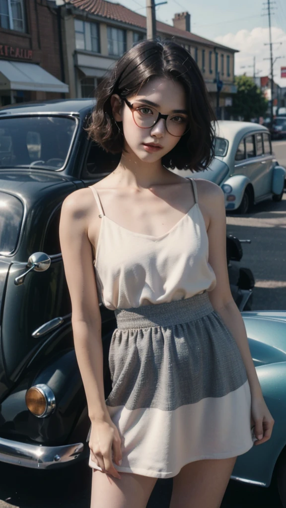 a 1950 scene featuring a 21yo girl, wear (Poodle Skirt), (Cocktail Dress),  and cat-eye glasses, standing next to a vintage volkswagen, night, small city. (detail face).