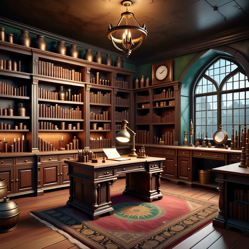 room with desk and chair, fantasy alchemist laboratory, magic laboratory setting, mysterious laboratory, steampunk laboratory, magic lab background, wizards laboratory, surreal sci fi set design, science fantasy painting, 8k high detail concept art, alchemy laboratory, highly detailed matte painting, realistic fantasy render, surrealism 8k,