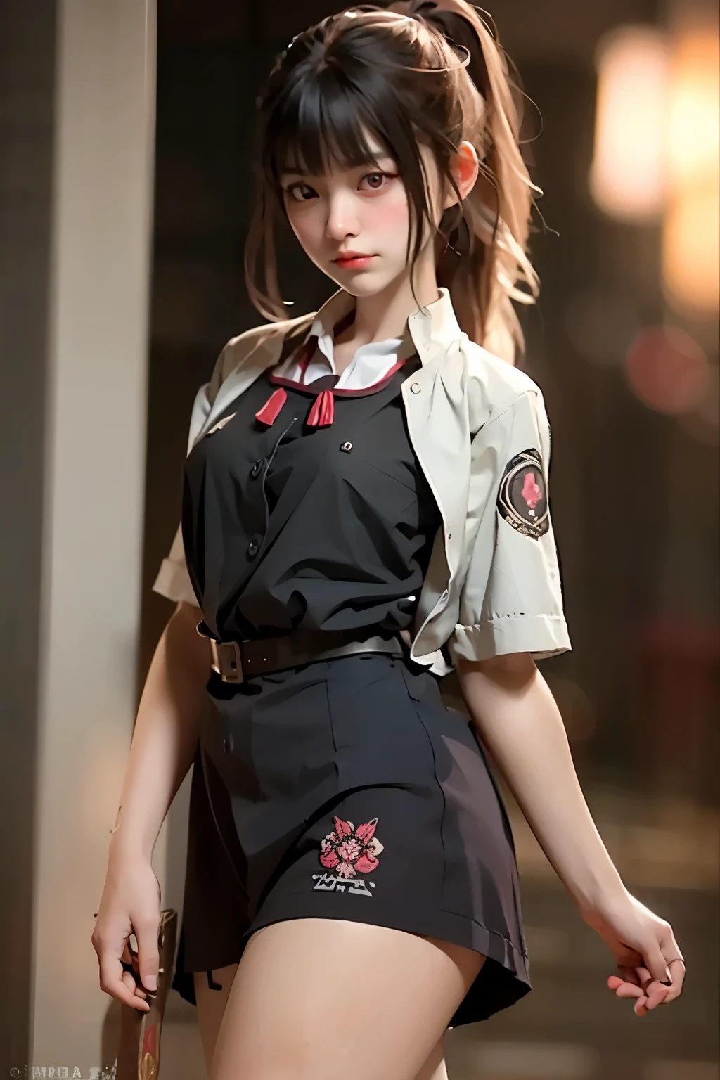 ((best quality)), ((Masterpiece)), (details:1.4), 3d, delicate big eyes，The clothes are tight.，detailsของรูม่านตาสีดำขนาดใหญ่，high school girl, fierce girl , long red hair