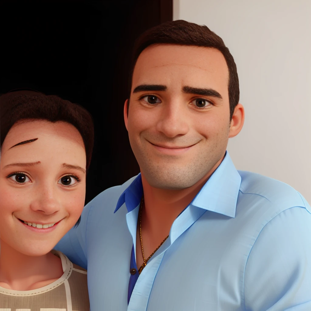 MAN SMILING BLUE BUTTON SHIRT 
WITH THE DAUGHTER ON THE SIDE SMILING