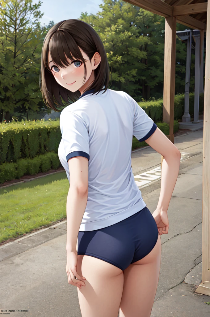 masterpiece, best quality, highres, aanene, short hair, buruma,gym uniform, standing, cowboy shot, outdoors, ahegao,nsfw,