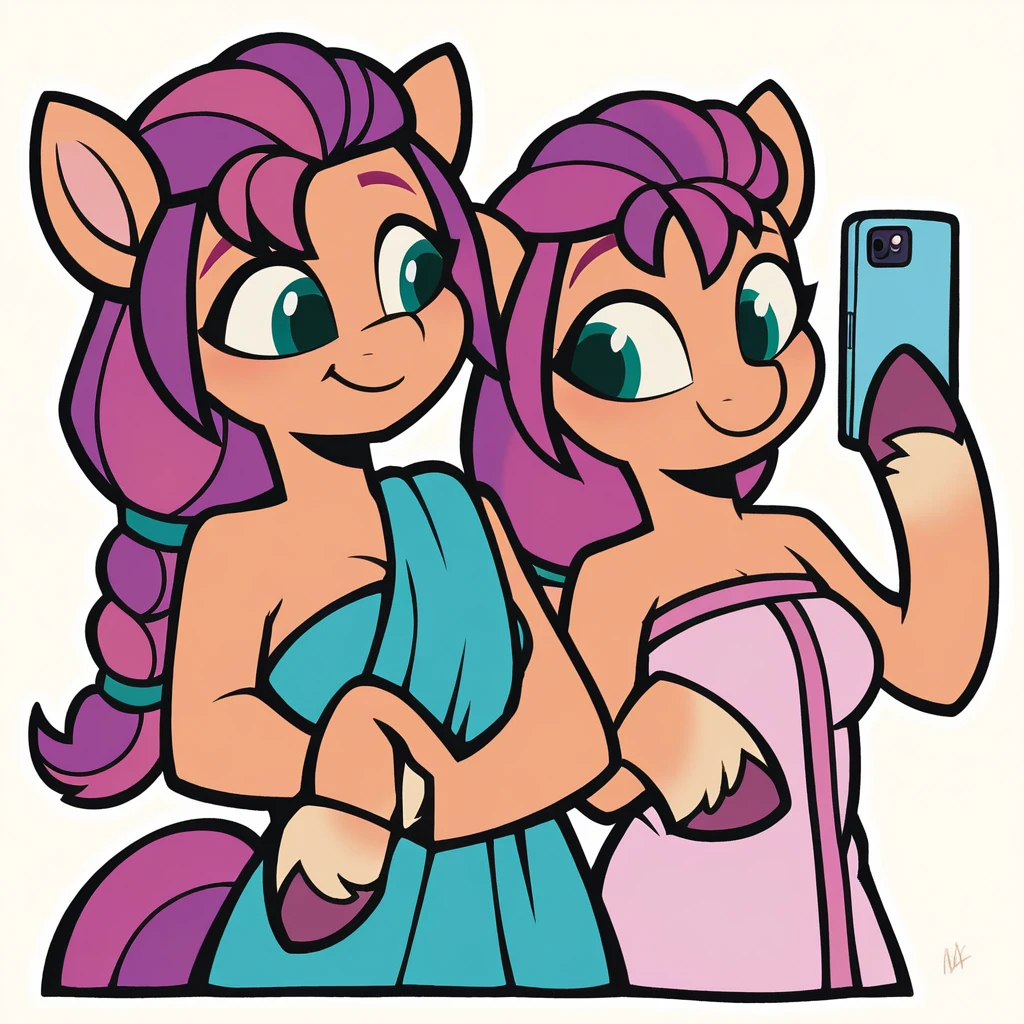 score_9_presence, score_8_up, Sunny Starscout, earth pony, mlp, G5, wrapped in towel, medium breasts, holding phone