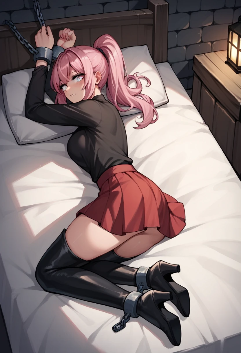 score_9, score_8_up, score_7_up, score_6_up, score_5_up, score_4_up, source_anime, 1girl,bed, pink hair, ponytail, white eyes, w-w-chain, shackles, black shirt, red skirt, black thigh boots, night, dungeon, best quality, best res, 4K UHD,