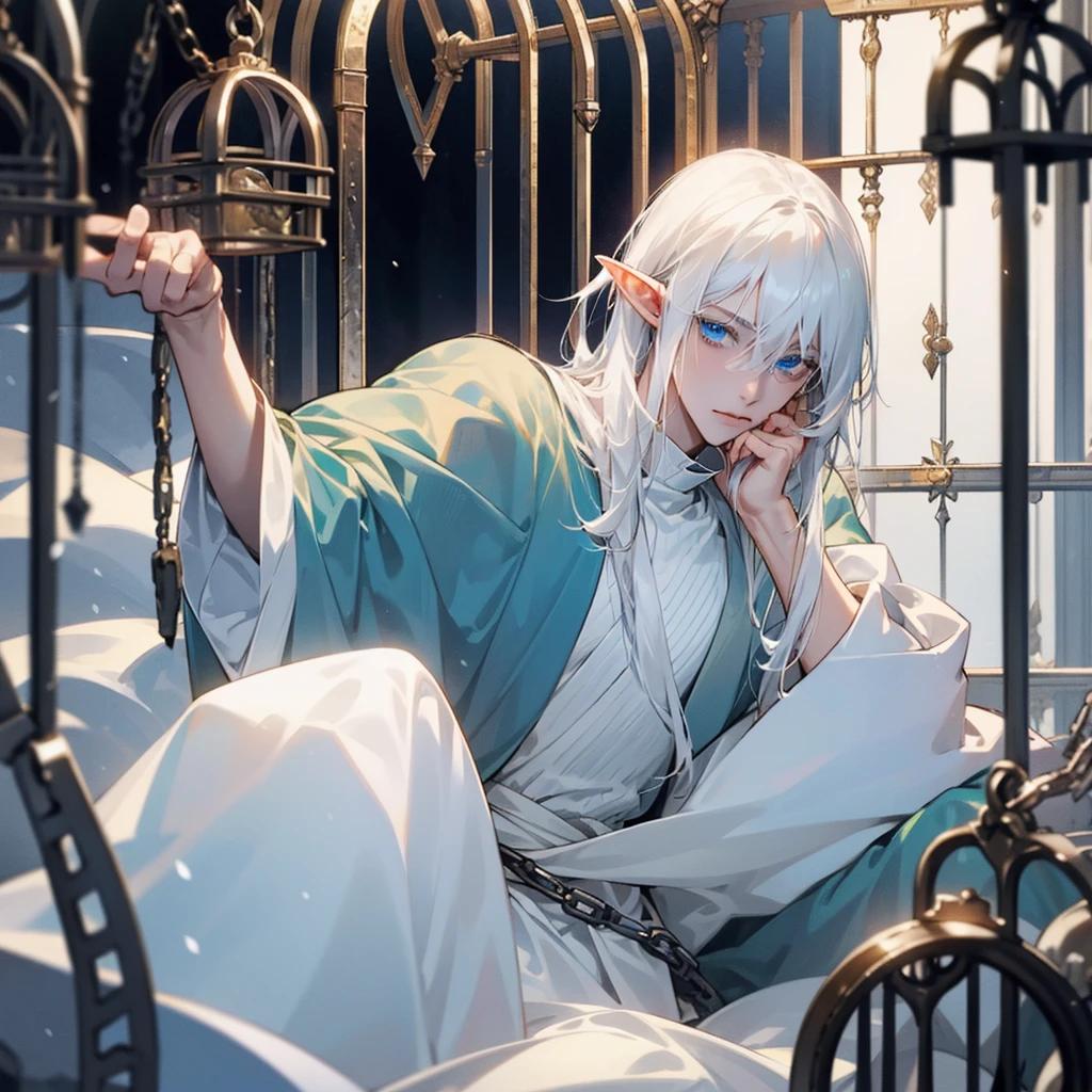 A male elf, thin masculine figure, long snow-white hair, light blue eyes, fair skin, helpless eyes, shy, slave, Locked in a cage, chained.