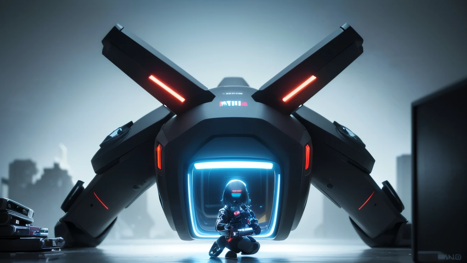 (Mii Beta, YouTube channel: Mii) Mii is programming in her laptop some drones. Mii is in her secret basement, with some drones behind her. Some drones are cute, some are fighing drones. Mii has blue eyes, short black hair with a red stripe.
(Masterpiece, professional work, award winning) , ultra realistic illustration, biochemical android cyberpunk, ultra detailed cyberpunk, hyper realistic color splash art, Unreal minimalism with octane render, depth of field with bokeh, (Epic composition, epic proportion, epic fantasy) , cinematic lighting, volumetric lighting, vibrant color, RAW photo, professional photography, sc-fi, UHD, DSLR, 8k, cinematic angle