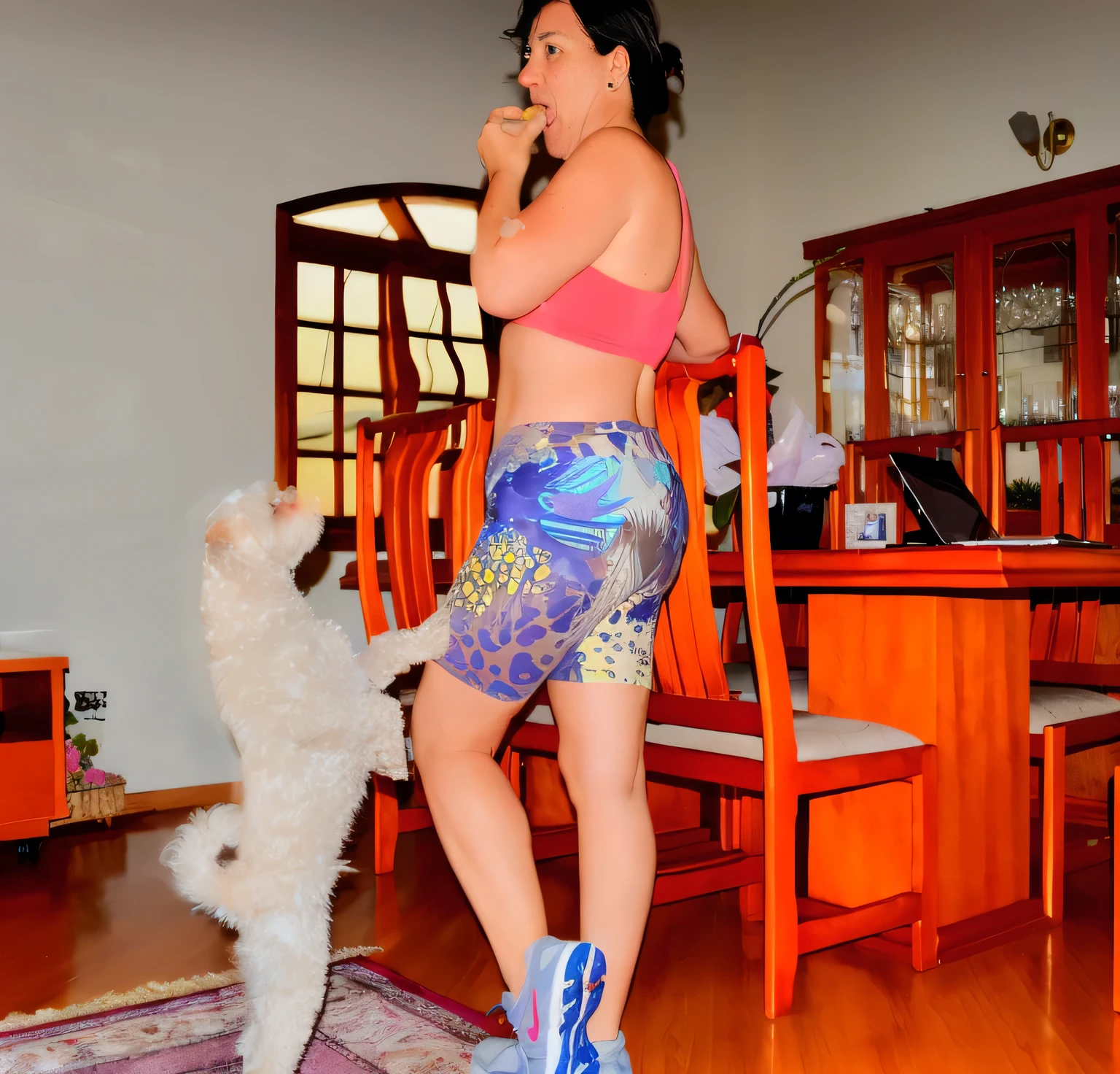 woman in pink top and blue shorts standing next to a white dog, cottagecore!! fitness body, by Felipe Seade, by Judith Gutierrez, by Nándor Katona, by Amelia Peláez, fitness, by Gina Pellón, by Almada Negreiros, in an action pose, by Luis Miranda, by Juan Fernando Cobo
