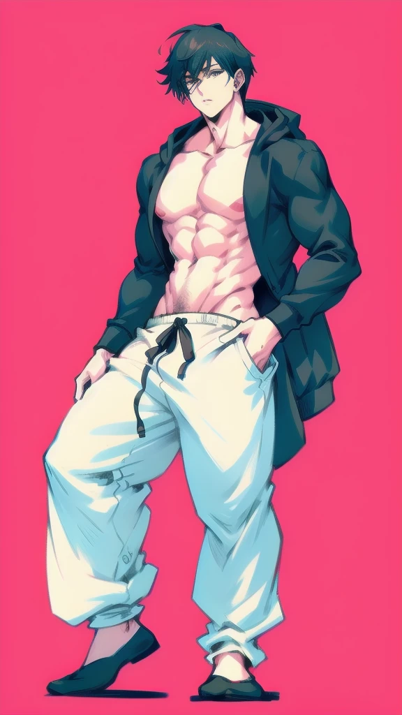 full body in image, masculine pose, unique hair, full man, hoodie jacket, white harem pants, male body, slender body, short hair, full body, hot body, sexy male body, dinamic pose. detalied pose, body, simple background, expressive face, focus on face, line art, sketch