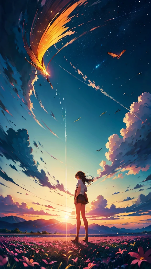 High resolution, highest quality, Super detailed, makoto shinkai, vast landscape photography , (view from below，Shows the sky above and below), A girl standing in a flower field and looking up, Tree BREAK production art, (daytime sky:1.2), (fire Fly:1.2), grassland, horizontal line, spring atmosphere, A single road following a horizontal line