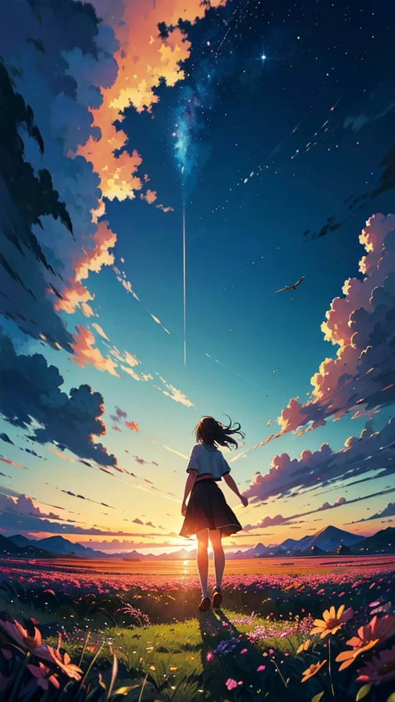 High resolution, highest quality, Super detailed, makoto shinkai, vast landscape photography , (view from below，Shows the sky above and below), A girl standing in a flower field and looking up, Tree BREAK production art, (daytime sky:1.2), (fire Fly:1.2), grassland, horizontal line, spring atmosphere, A single road following a horizontal line