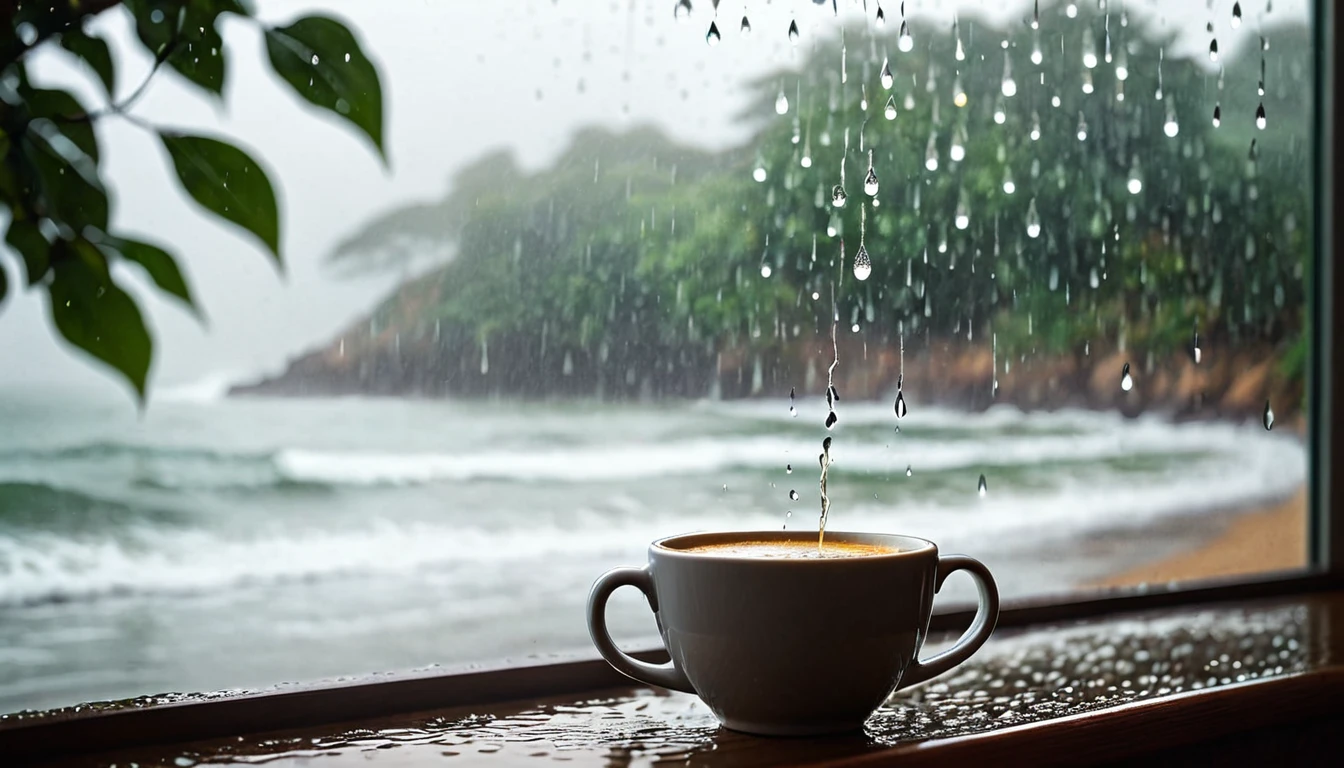 A beautiful seascape image,Beautiful coastline,live action style,With romantic aesthetics,Beautiful light and shadow of afternoon sun,Natural Elements,The whole glass window is covered with rain .The fog is so thick that you can’t see the actual scene.Bokeh background outside window.No window frames .Close-up of partial rain on glass.Don’t have a real image in the background.As long as the bokeh effect.You can feel the raindrops flowing on the glass。Rain slides across the glass,Blurred the outside scene,Only the beauty of bokeh is left。This picture makes people feel peaceful、comfortable,It’s like being in a small world sheltered from the wind and rain。Add a cup of steaming coffee to the poetic image