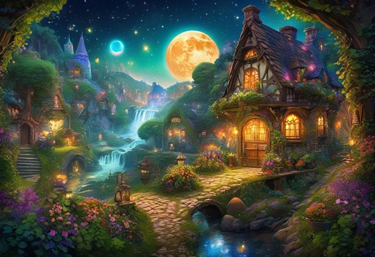 magical combine village, Magic Town , combine, charming,shiny sphere, ethereal mist,a touch of mystery, dreamlike, combinetale-like, bright colors, Luz outfit, magical creatures,cobblestone street, ivy covered cottage, enchanted Forest, whimsical architecture, sparkling waterfalls, mysterious atmosphere, mysterious creature, twinkling stars, moon sky, otherworldly beauty, surreal landscape, mystical energy