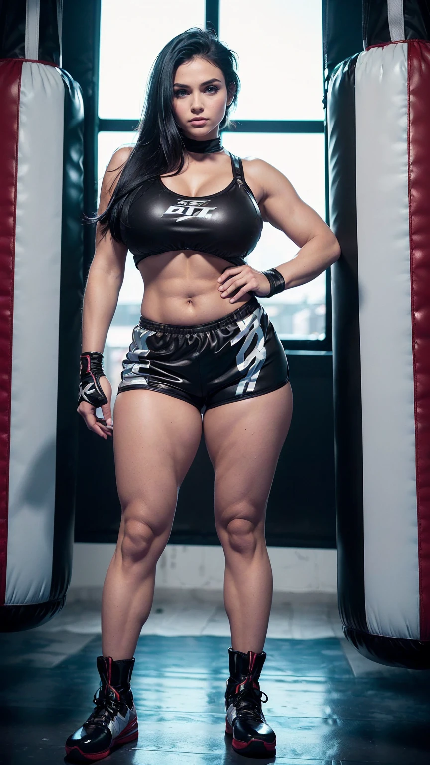 Beautiful chic Caucasian bombshell, ((black boxing shorts:1.3)), ((skimpy boxing shorts:1.3)), ((boxing boots), ((jet-black hair)), beautiful detailed eyes, firm round breasts, ((thicc body)), ((thick thighs)), ((muscular physique)), (full body portrait),