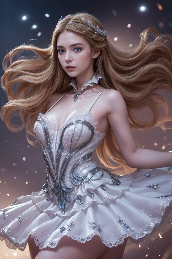 a beautiful young woman, Odette from Mobile Legends, elegant ballet dancer, long flowing white dress, graceful poses, enchanting blue eyes, delicate facial features, flowing silver hair, serene expression, glowing crystalline wings, ethereal and magical atmosphere, intricate fantasy background, shimmering lights, soft pastel colors, cinematic lighting, highly detailed, photorealistic, 8k, masterpiece