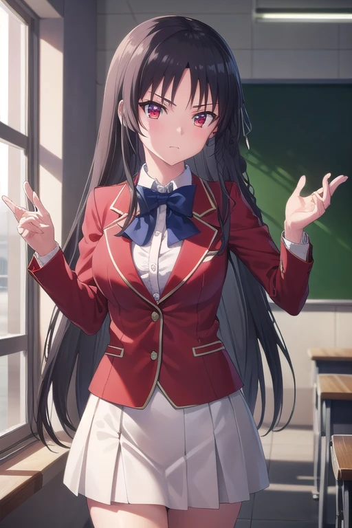 Suzune Horikita, suzune horikita, Long Hair, Black Hair, (Red eyes:1.3), Hair Ribbon, Braiding,
break bow, , Jacket, bow tie, blue bow tie, blazer, (red blazer:1.5), skirt, white skirt,
break indoors, classroom,
break looking at viewer, (Cowboy Shot:1.5),
break (masterpiece:1.2), Highest quality, High resolution, unity 8k wallpaper, (figure:0.8), (Beautiful attention to detail:1.6), Highly detailed face, Perfect lighting, Highly detailed CG, (Perfect hands, Perfect Anatomy),