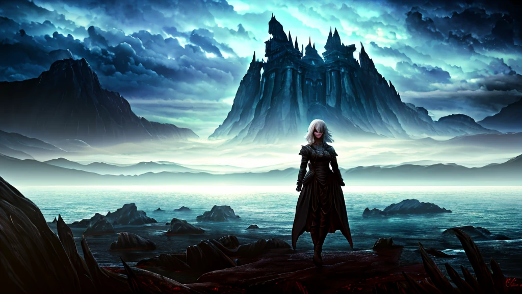 a beautiful girl with short white hair and red eyes, dark fantasy, highly detailed, masterpiece, (best quality,4k,8k,highres,masterpiece:1.2),ultra-detailed,(realistic,photorealistic,photo-realistic:1.37),dark gothic atmosphere, dramatic lighting, ominous mood, cinematic composition, rich textures, dark shadows, moody colors, deep crimson, ominous clouds, mystical background, intricate details, atmospheric, dramatic pose, intense gaze, pale skin, sharp features, striking appearance, mysterious aura