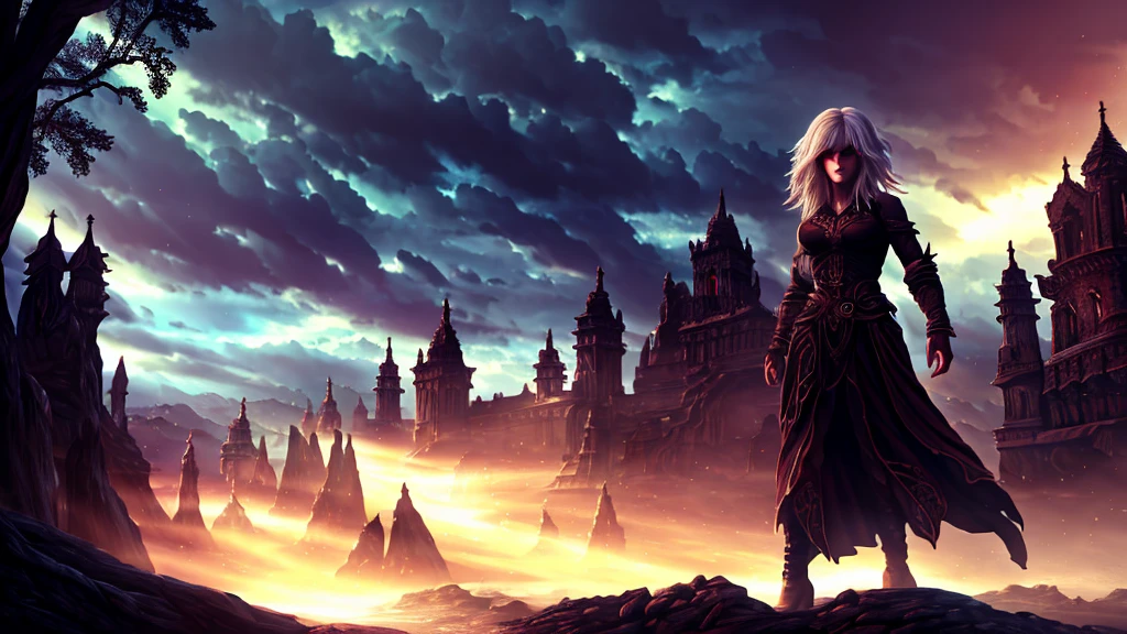 a beautiful girl with short white hair and red eyes, dark fantasy, highly detailed, masterpiece, (best quality,4k,8k,highres,masterpiece:1.2),ultra-detailed,(realistic,photorealistic,photo-realistic:1.37),dark gothic atmosphere, dramatic lighting, ominous mood, cinematic composition, rich textures, dark shadows, moody colors, deep crimson, ominous clouds, mystical background, intricate details, atmospheric, dramatic pose, intense gaze, pale skin, sharp features, striking appearance, mysterious aura