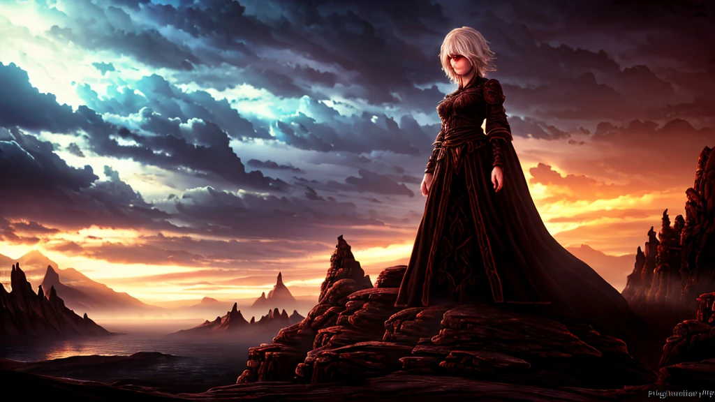 a beautiful girl with short white hair and red eyes, dark fantasy, highly detailed, masterpiece, (best quality,4k,8k,highres,masterpiece:1.2),ultra-detailed,(realistic,photorealistic,photo-realistic:1.37),dark gothic atmosphere, dramatic lighting, ominous mood, cinematic composition, rich textures, dark shadows, moody colors, deep crimson, ominous clouds, mystical background, intricate details, atmospheric, dramatic pose, intense gaze, pale skin, sharp features, striking appearance, mysterious aura