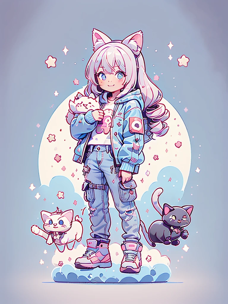 ((Highest quality，masterpiece，Extremely complex and exquisite details，A girl with gray and blue cat ears and long hair is in the center，Gray blue super long straight hair，Curly hair at the ends，Sparse air bangs，Gray and pink T-shirt，Denim hooded cropped jacket，Black and gray long cargo pants，Standing on a super cute cat))，(pink and white sneakers，Smile slightly，Surrounded by tons of cute short-legged cats，Correct anatomy)，Super Q super cute short full body portrait，Starry sky background vertical painting space scene