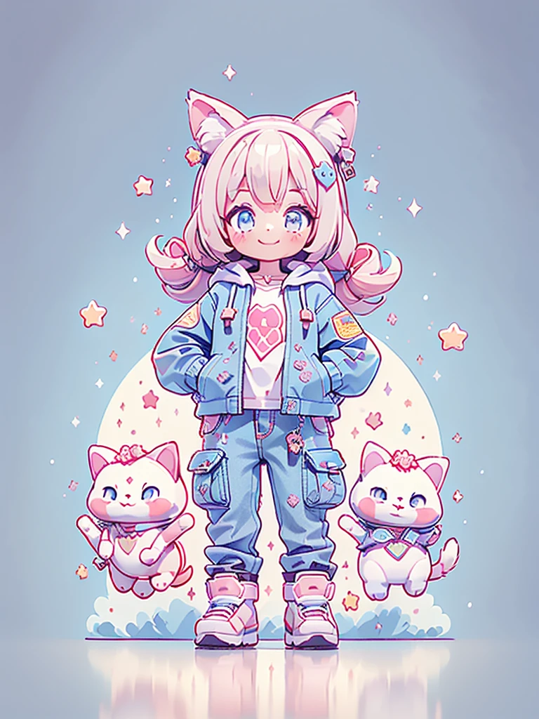 ((Highest quality，masterpiece，Extremely complex and exquisite details，A girl with gray and blue cat ears and long hair is in the center，Gray blue super long straight hair，Curly hair at the ends，Sparse air bangs，Gray and pink T-shirt，Denim hooded cropped jacket，Black and gray long cargo pants，Standing on a super cute cat))，(pink and white sneakers，Smile slightly，Surrounded by tons of cute short-legged cats，Correct ???????)，Super Q super cute short full body portrait，Starry sky background vertical painting space scene