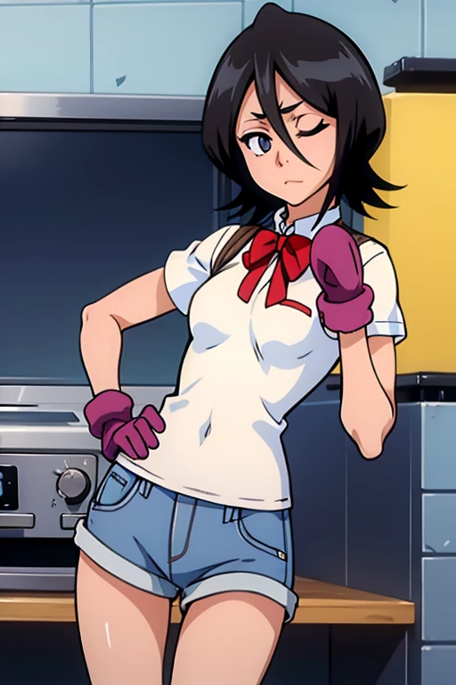 girl in short pants, wearing oven mittens tucked in pockets, blindfold

