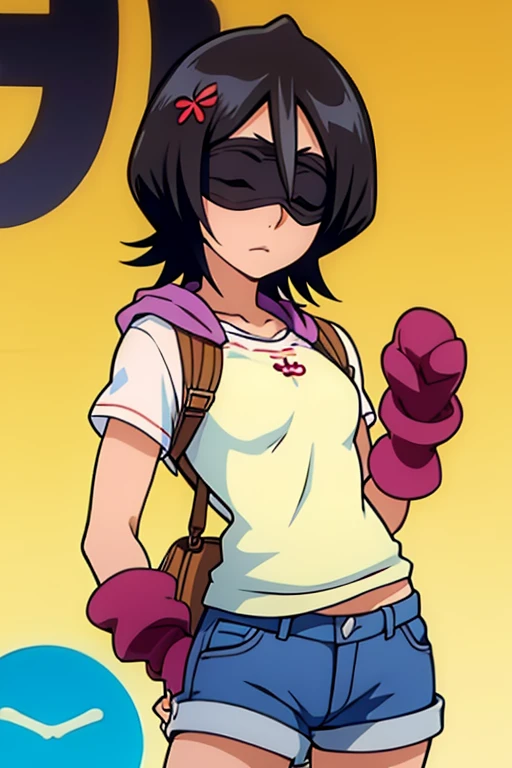 girl in short pants, wearing oven mittens tucked in pockets, blindfold