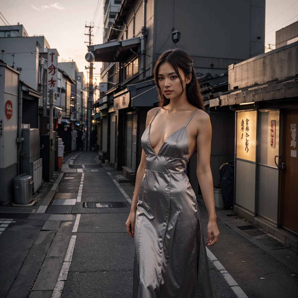 Female supermodel. Satin gray evening dress. Dim, soft lighting. Sunset. Sunset. Kappabashi Kitchen Tools Street, Tokyo, Japan.