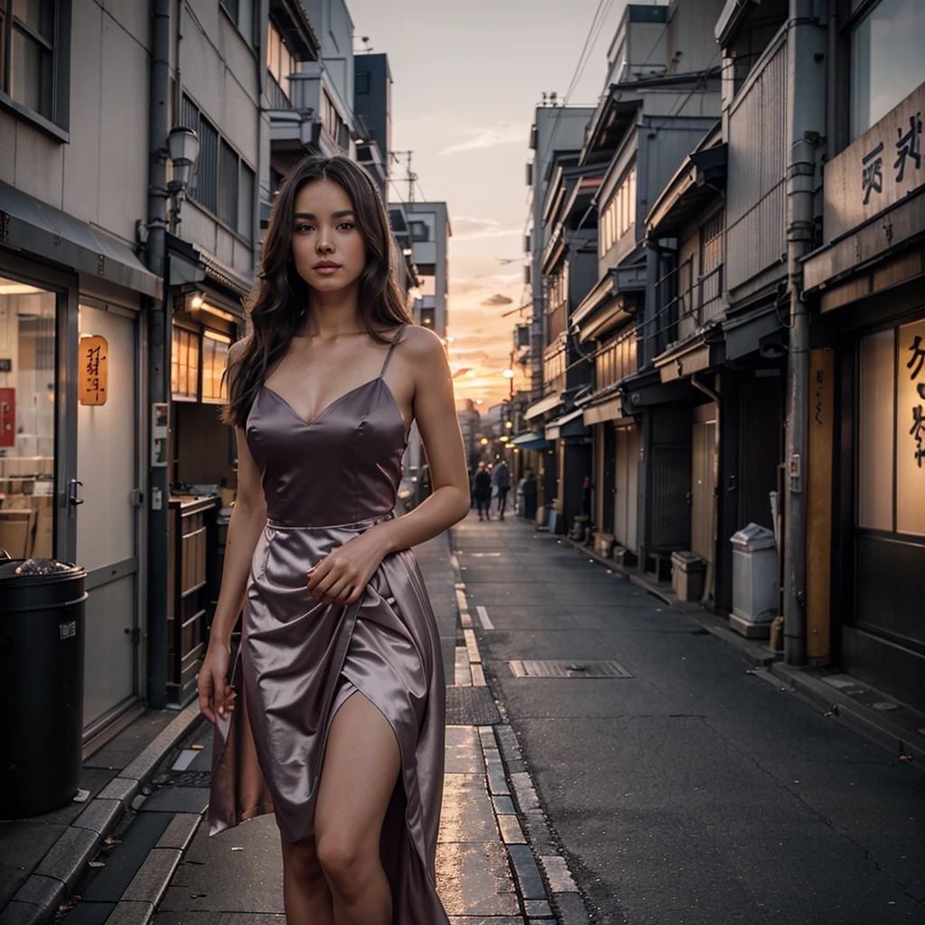 Female supermodel. Satin gray evening dress. Dim, soft lighting. Sunset. Sunset. Kappabashi Kitchen Tools Street, Tokyo, Japan.